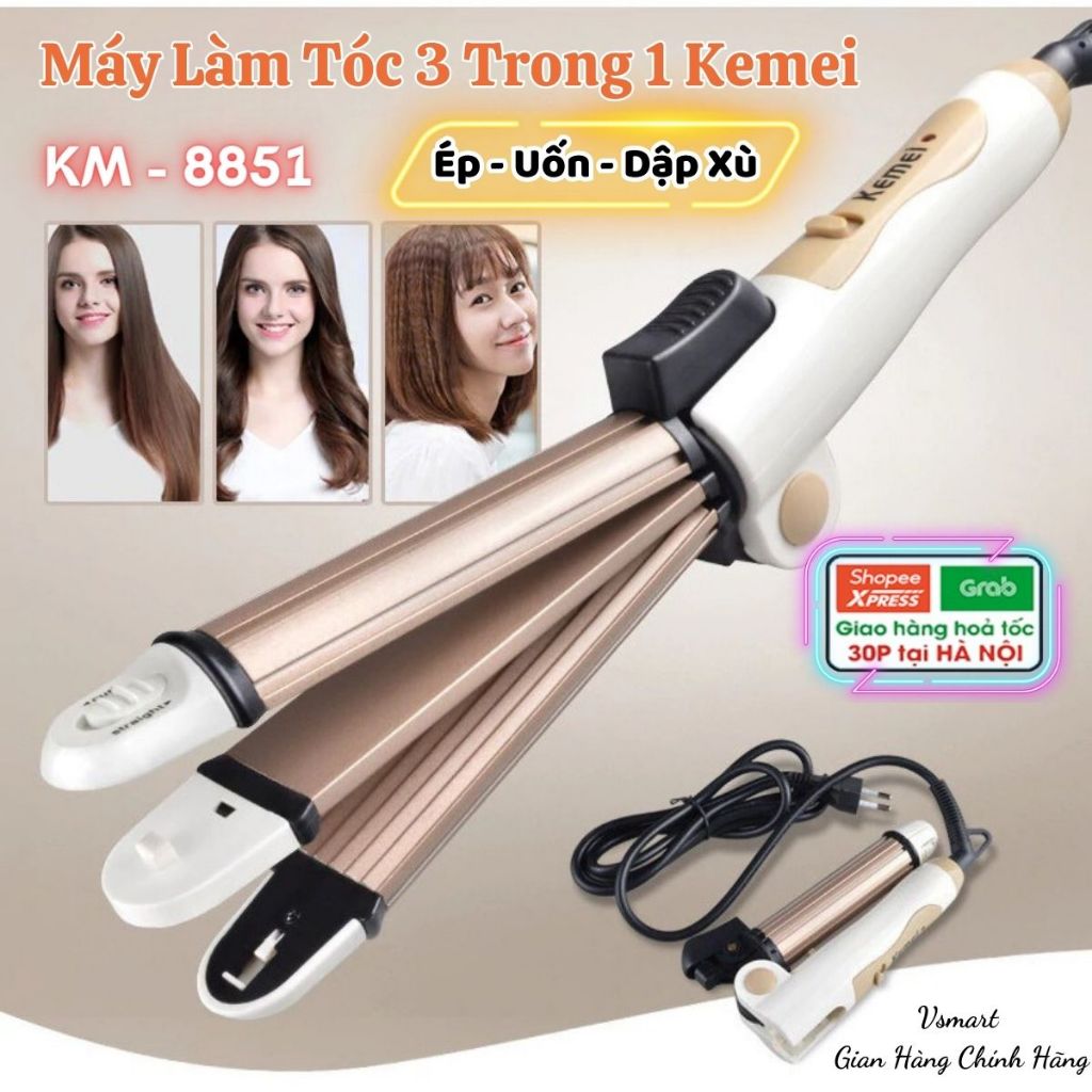 Máy Uốn Duỗi Tóc, Máy Dập Xù Tóc Đa Năng 3 trong 1, Máy Ép Tóc Gấp Gọn Du Lịch Kemei Km-8851 Làm Nóng Nhanh Dễ Sử Dụng