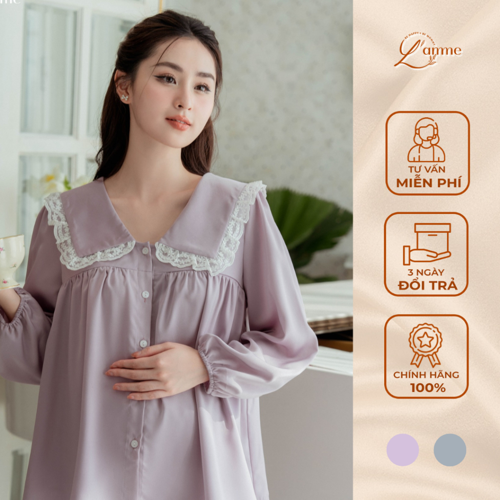 Bộ bầu mặc nhà MIE tay dài thiết kế cổ sen phối ren điệu đà nữ tính by L’AMME