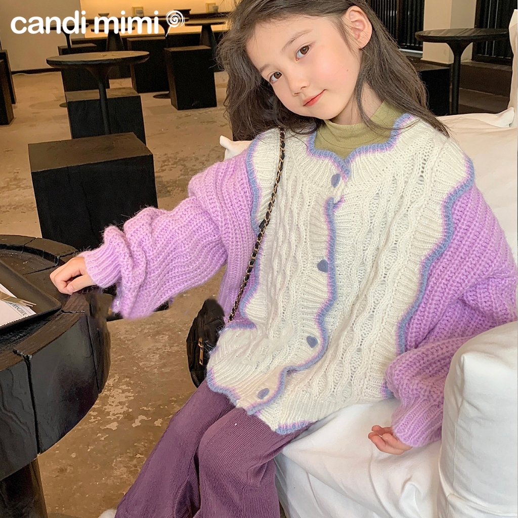 CANDIMIMI Áo Khoác Len Cardigan Phối 2 Màu Pastel Cho Bé Gái - Sợi Tự Nhiên Cao Cấp, Dày Dặn, Mềm Mại
