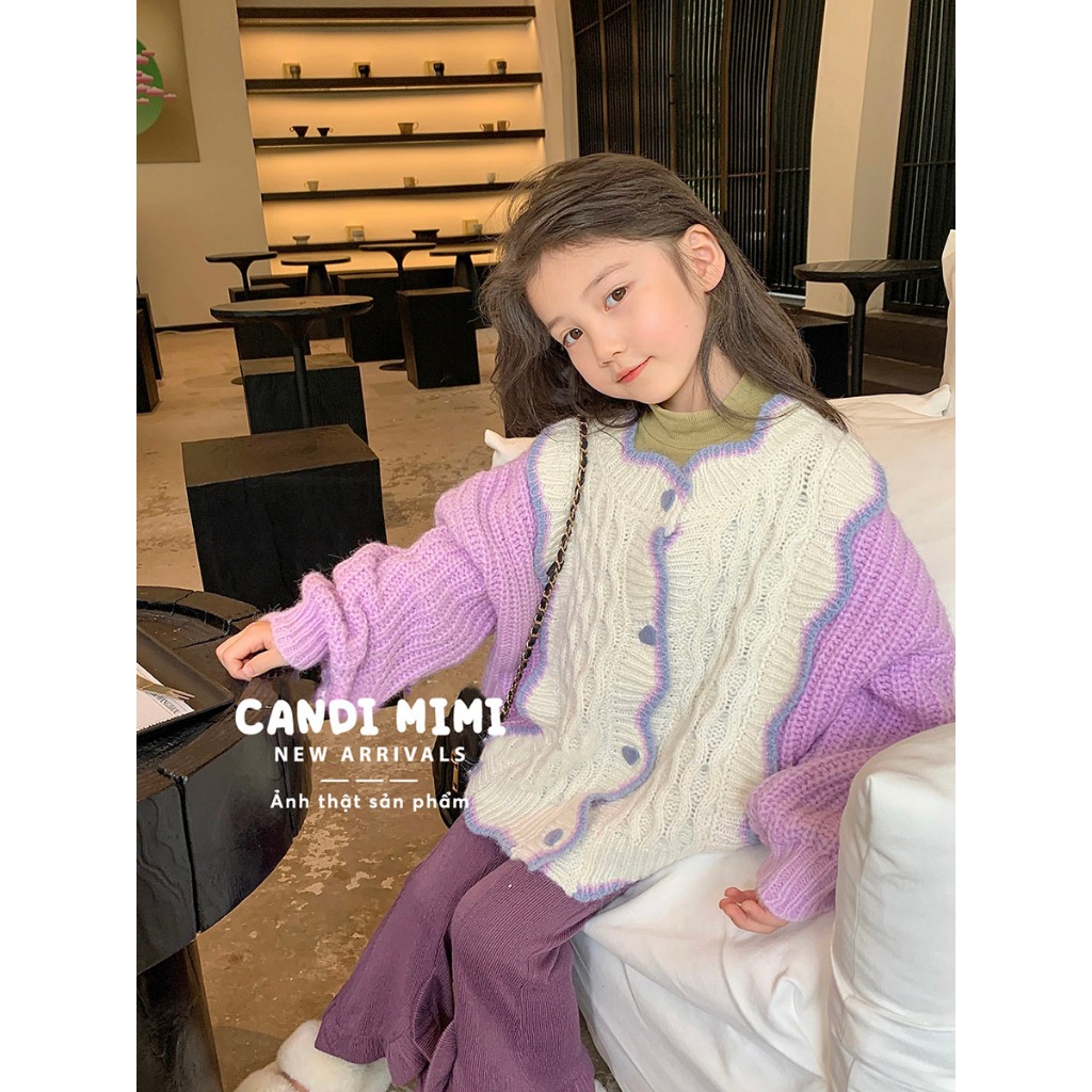 CANDIMIMI Áo Khoác Len Cardigan Phối 2 Màu Pastel Cho Bé Gái - Sợi Tự Nhiên Cao Cấp, Dày Dặn, Mềm Mại