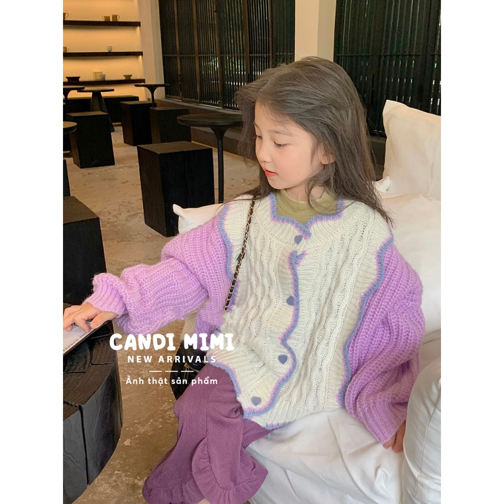 CANDIMIMI Áo Khoác Len Cardigan Phối 2 Màu Pastel Cho Bé Gái - Sợi Tự Nhiên Cao Cấp, Dày Dặn, Mềm Mại