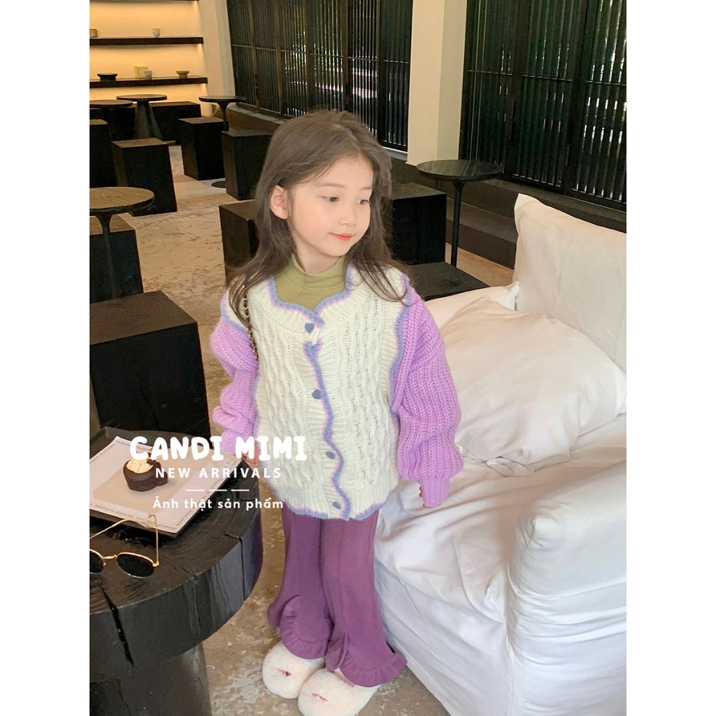 CANDIMIMI Áo Khoác Len Cardigan Phối 2 Màu Pastel Cho Bé Gái - Sợi Tự Nhiên Cao Cấp, Dày Dặn, Mềm Mại
