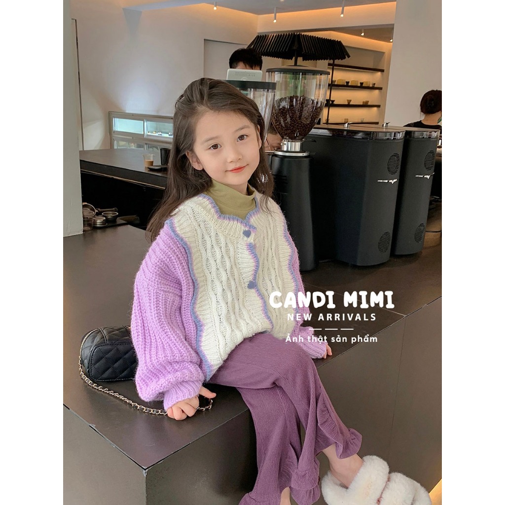 CANDIMIMI Áo Khoác Len Cardigan Phối 2 Màu Pastel Cho Bé Gái - Sợi Tự Nhiên Cao Cấp, Dày Dặn, Mềm Mại
