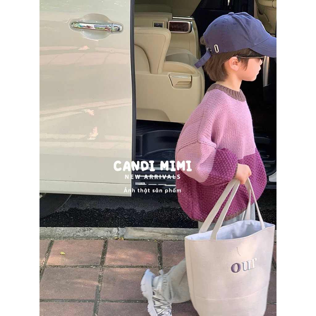 CANDIMIMI Áo Len Cổ Tròn Vai Đổ Phối 2 Màu Unisex Cho Bé Trai Và Bé Gái -  Sợi Tự Nhiên Cao Cấp, Dày Dặn, Mềm Mại