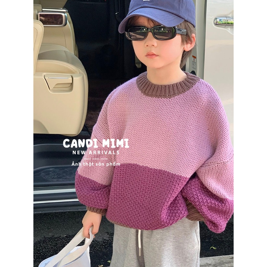 CANDIMIMI Áo Len Cổ Tròn Vai Đổ Phối 2 Màu Unisex Cho Bé Trai Và Bé Gái -  Sợi Tự Nhiên Cao Cấp, Dày Dặn, Mềm Mại