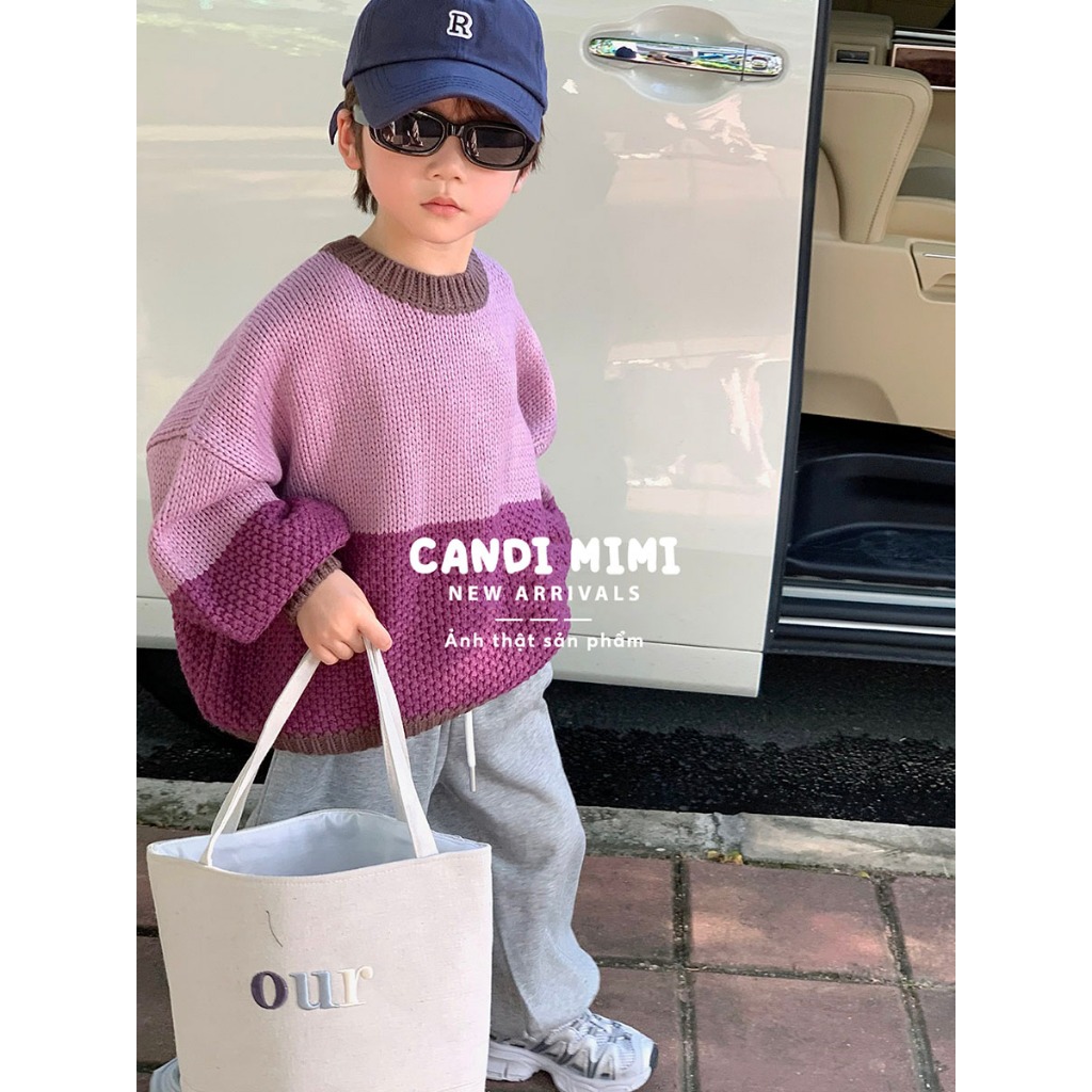 CANDIMIMI Áo Len Cổ Tròn Vai Đổ Phối 2 Màu Unisex Cho Bé Trai Và Bé Gái -  Sợi Tự Nhiên Cao Cấp, Dày Dặn, Mềm Mại