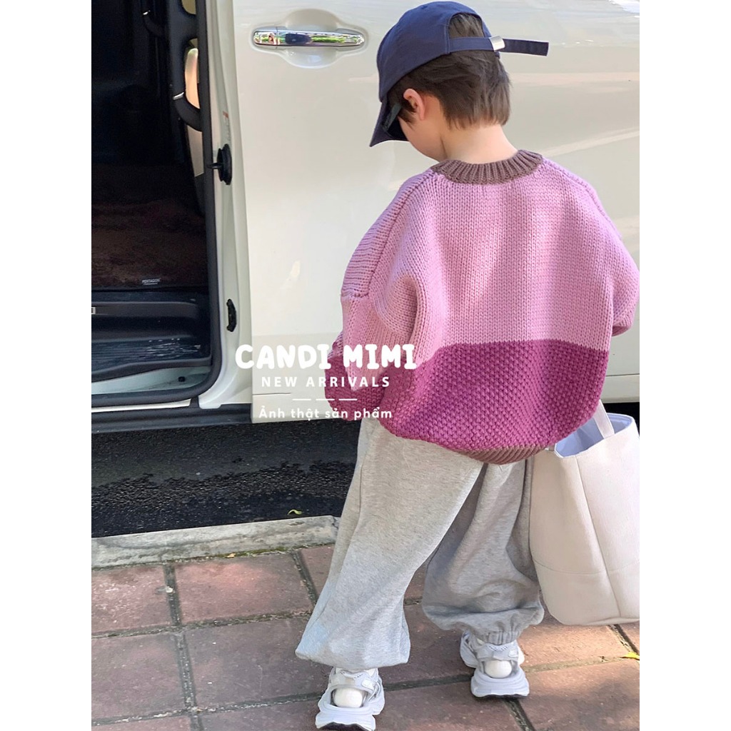 CANDIMIMI Áo Len Cổ Tròn Vai Đổ Phối 2 Màu Unisex Cho Bé Trai Và Bé Gái -  Sợi Tự Nhiên Cao Cấp, Dày Dặn, Mềm Mại