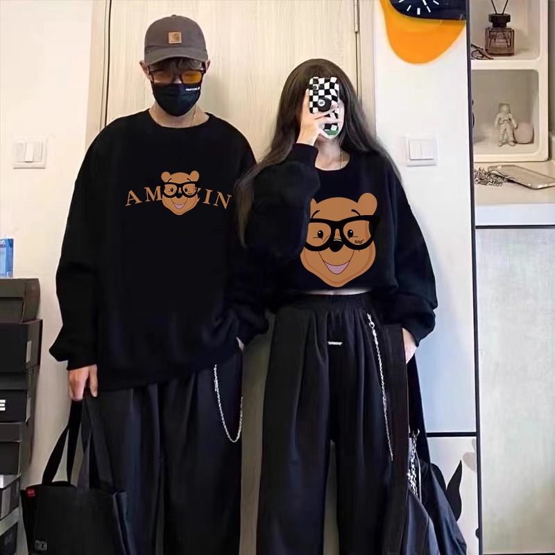 Áo sweater cặp đôi HappyFamily  - Mẫu áo in họa tiết gấu AMIN chất nỉ da cá cao cấp Màu Đen