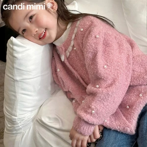 CANDIMIMI Áo Khoác Len Cardigan Đính Ngọc Trai Phong Cách Tiểu Thư Cho Bé Gái - Sợi Tự Nhiên Cao Cấp, Dày Dặn, Mềm Mại