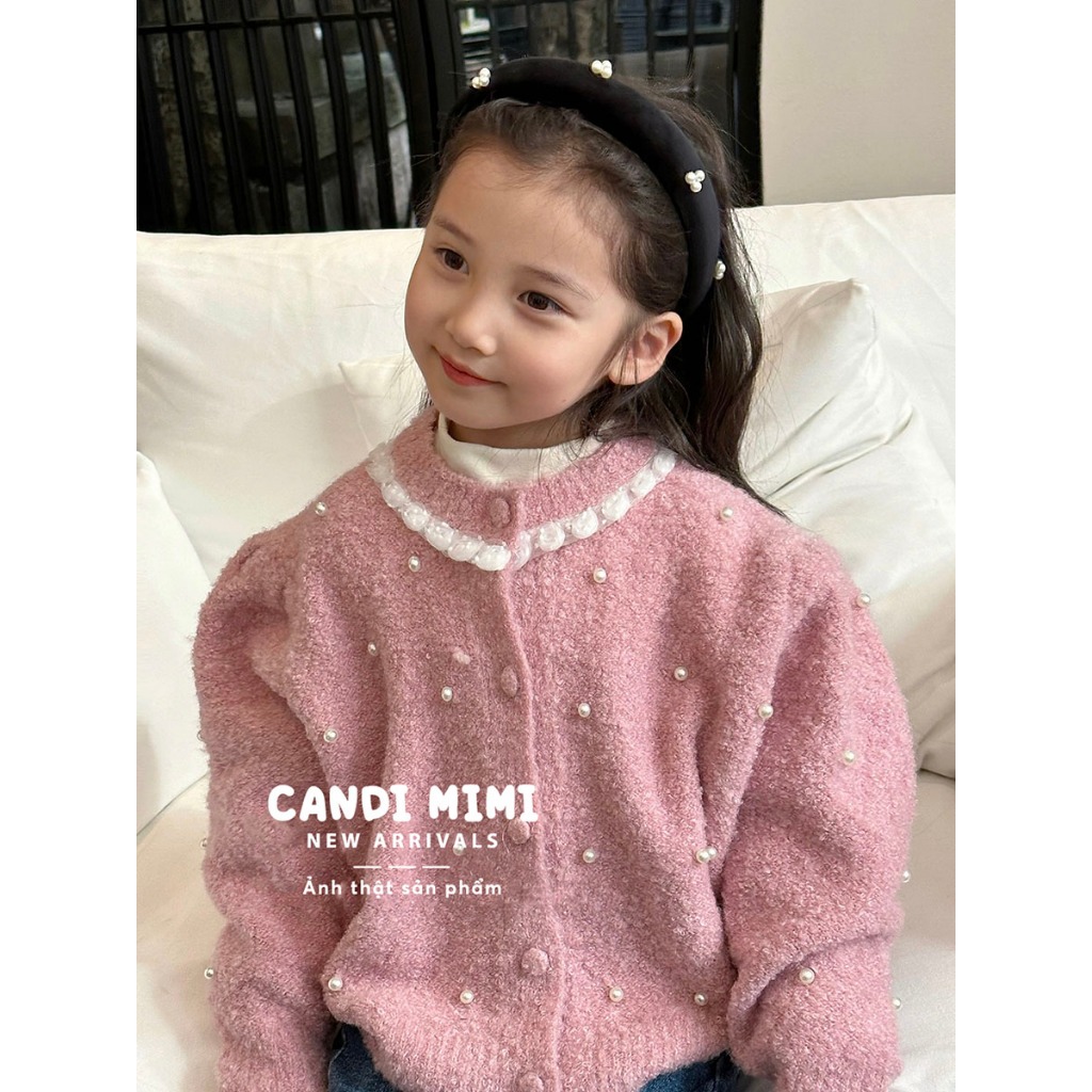 CANDIMIMI Áo Khoác Len Cardigan Đính Ngọc Trai Phong Cách Tiểu Thư Cho Bé Gái - Sợi Tự Nhiên Cao Cấp, Dày Dặn, Mềm Mại