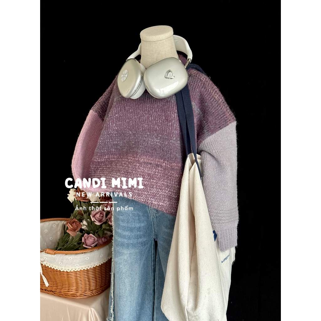 CANDIMIMI Áo Len Cổ Tròn Vai Đổ Phối 2 Màu Unisex Cho Bé Trai Và Bé Gái -  Sợi Tự Nhiên Cao Cấp, Dày Dặn, Mềm Mại