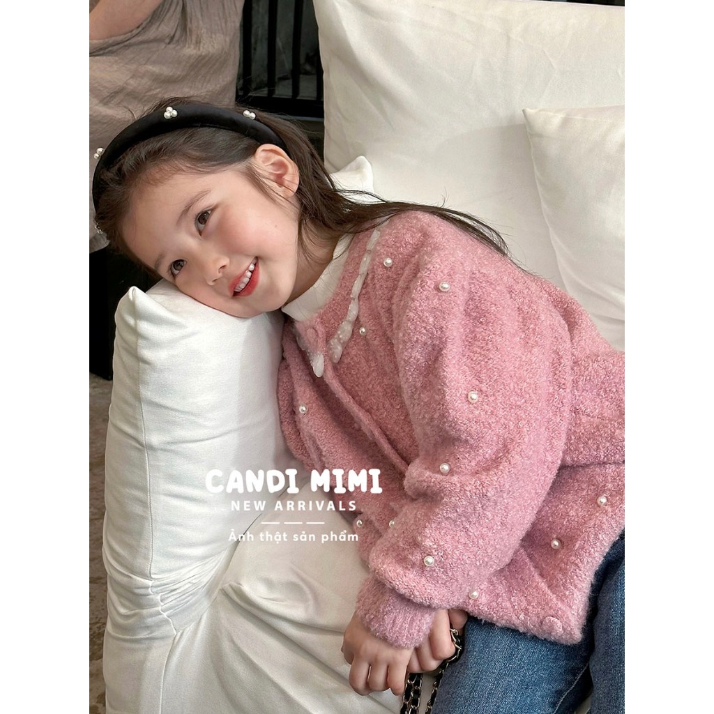 CANDIMIMI Áo Khoác Len Cardigan Đính Ngọc Trai Phong Cách Tiểu Thư Cho Bé Gái - Sợi Tự Nhiên Cao Cấp, Dày Dặn, Mềm Mại