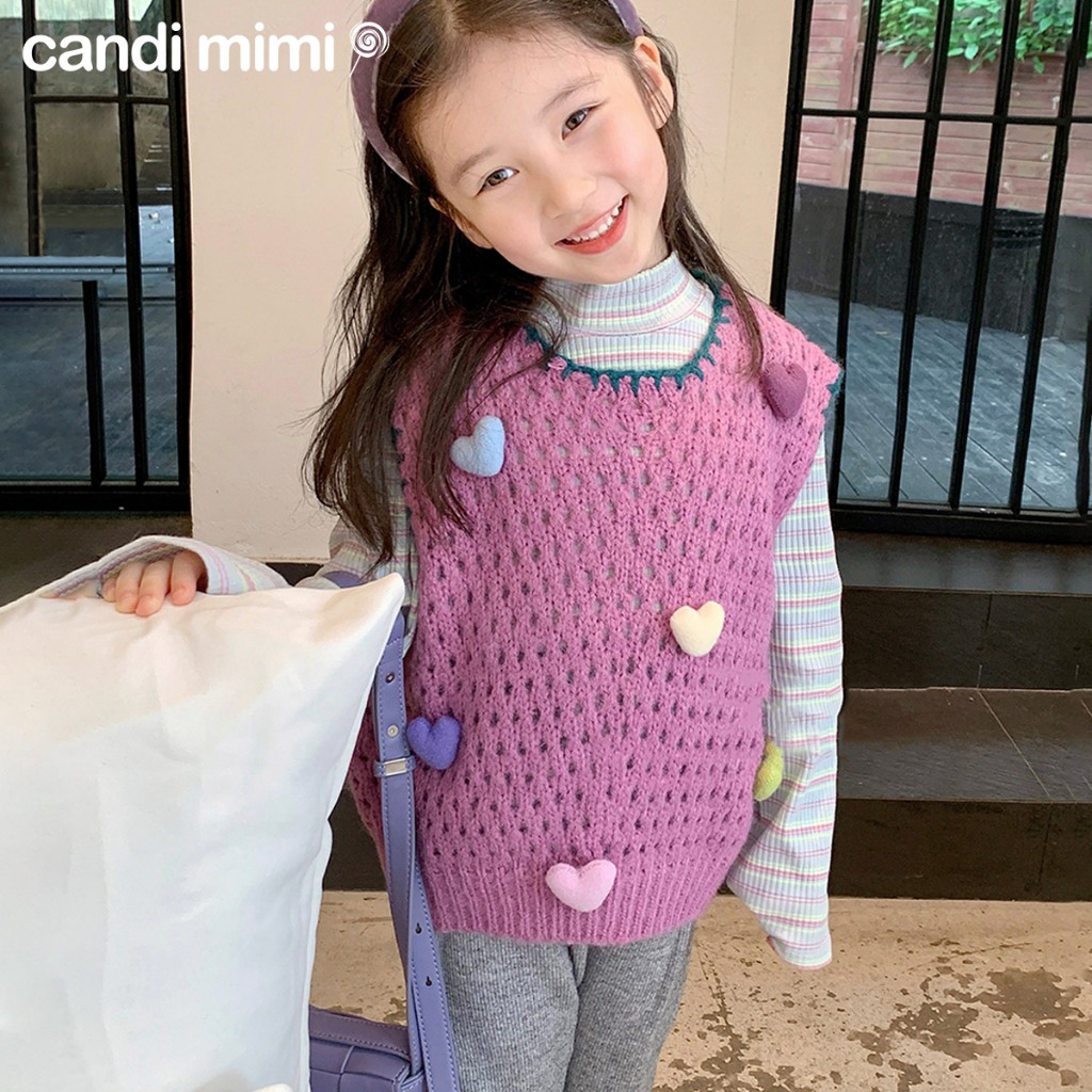 CANDIMIMI Áo Gile Len Cổ Tròn Đính Quả Bông Trái Tim Dễ Thương Cho Bé Gái -  Sợi Tự Nhiên Cao Cấp, Dày Dặn, Mềm Mại