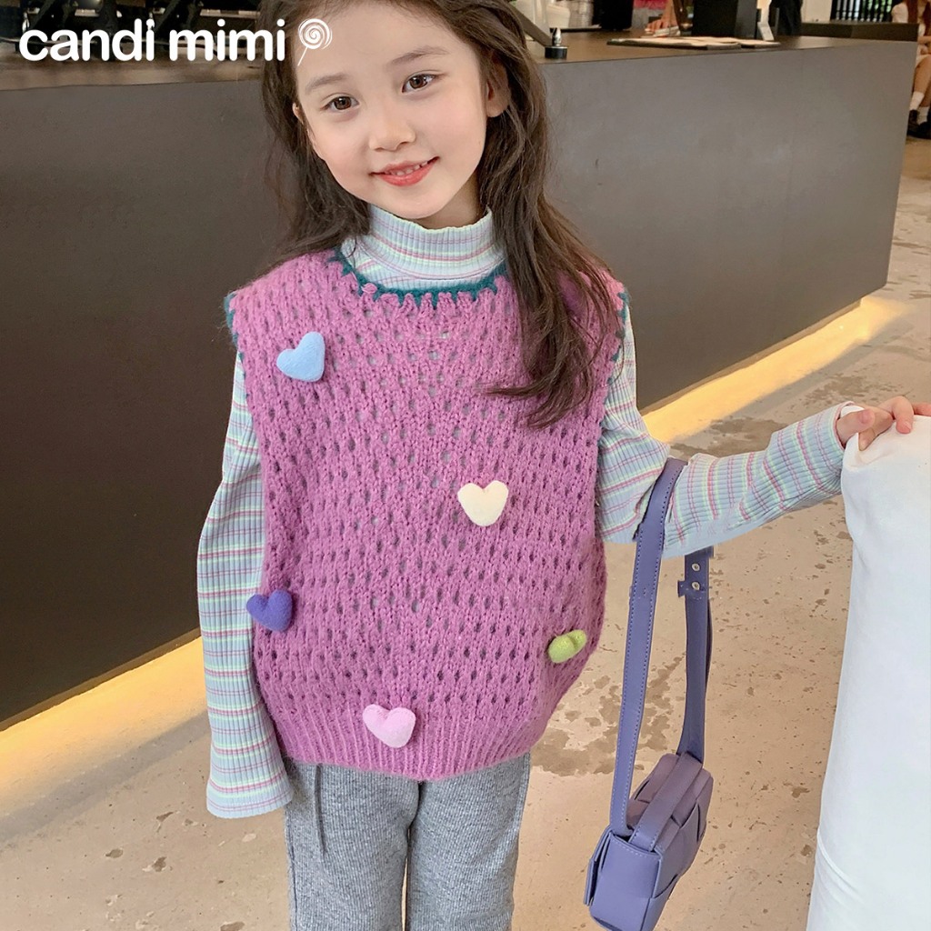 CANDIMIMI Áo Gile Len Cổ Tròn Đính Quả Bông Trái Tim Dễ Thương Cho Bé Gái -  Sợi Tự Nhiên Cao Cấp, Dày Dặn, Mềm Mại