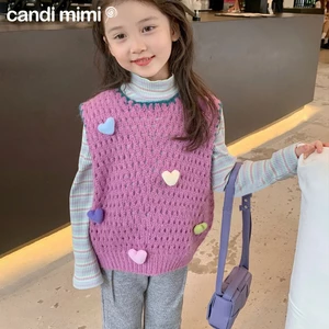 CANDIMIMI Áo Gile Len Cổ Tròn Đính Quả Bông Trái Tim Dễ Thương Cho Bé Gái - Sợi Tự Nhiên Cao Cấp, Dày Dặn, Mềm Mại