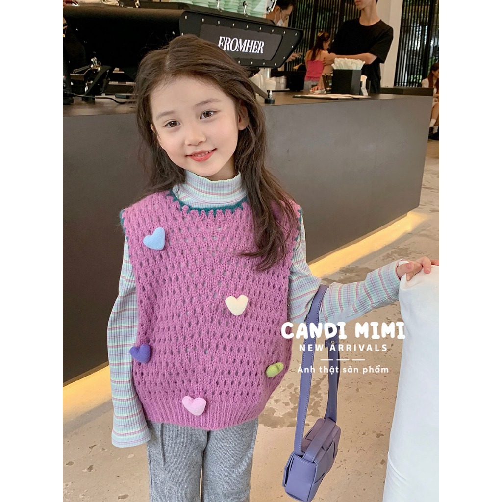 CANDIMIMI Áo Gile Len Cổ Tròn Đính Quả Bông Trái Tim Dễ Thương Cho Bé Gái -  Sợi Tự Nhiên Cao Cấp, Dày Dặn, Mềm Mại