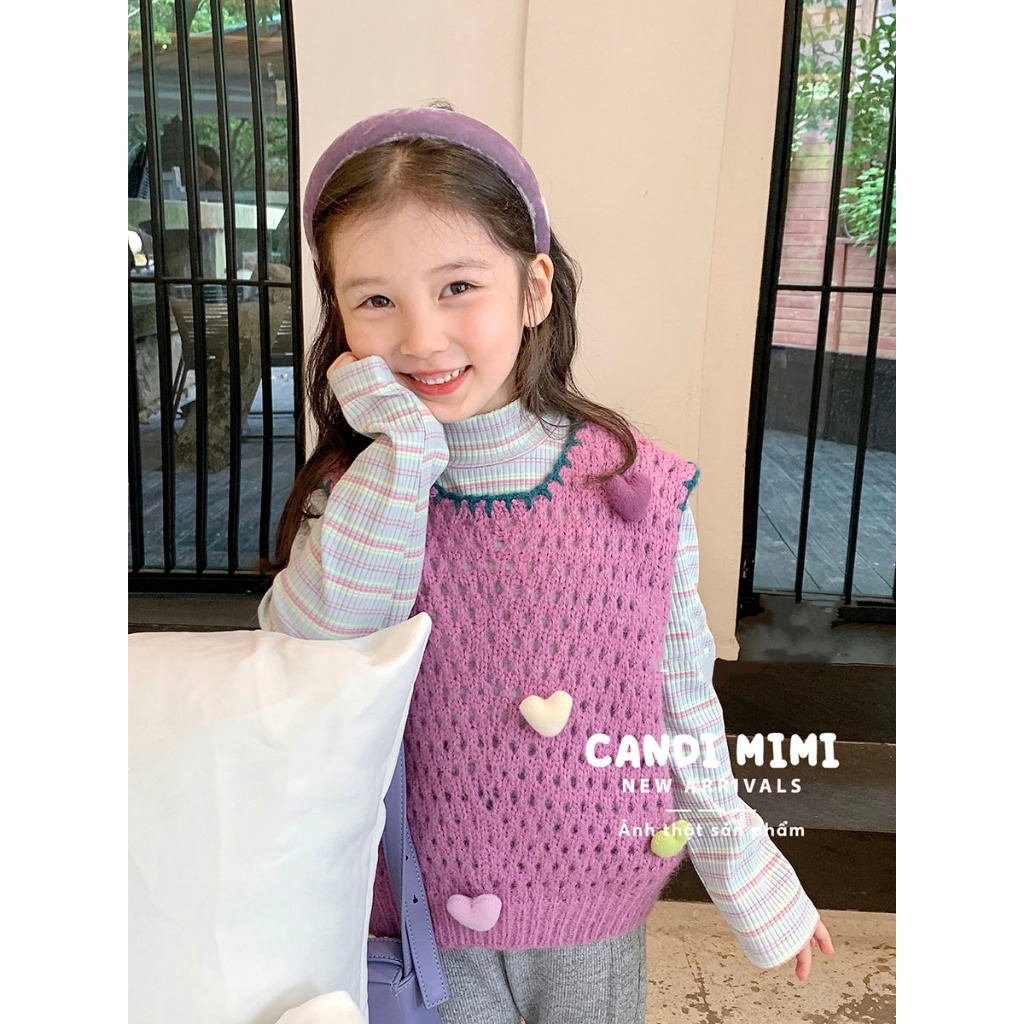 CANDIMIMI Áo Gile Len Cổ Tròn Đính Quả Bông Trái Tim Dễ Thương Cho Bé Gái -  Sợi Tự Nhiên Cao Cấp, Dày Dặn, Mềm Mại