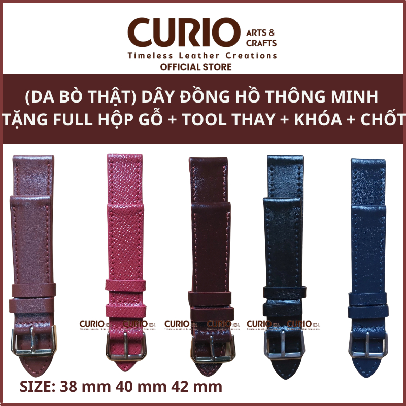 Dây đeo da bò thật cho đồng hồ thông minh tặng full hộp gỗ + tool thay + khóa + chốt - CURIO LEATHER
