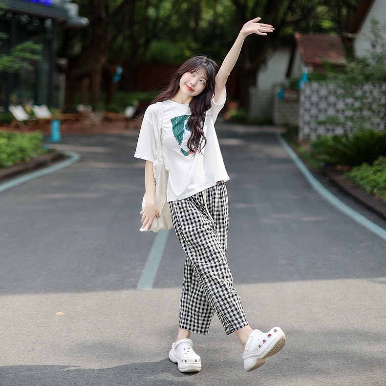 Sét bộ nữ Quần dài kẻ Caro Áo thun Cotton in hình, Đồ bộ mặc nhà Nữ Quần dài, áo ngắn tay dể thương