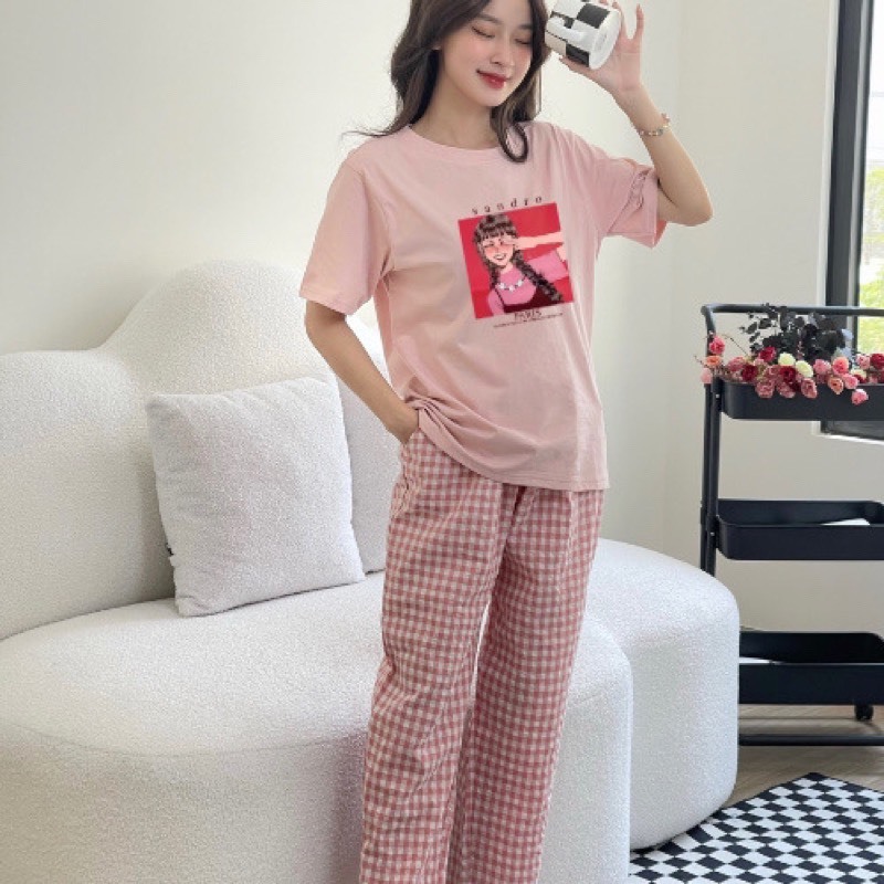 Sét bộ nữ Quần dài kẻ Caro Áo thun Cotton in hình, Đồ bộ mặc nhà Nữ Quần dài, áo ngắn tay dể thương