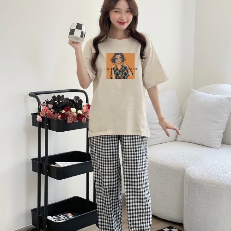 Sét bộ nữ Quần dài kẻ Caro Áo thun Cotton in hình, Đồ bộ mặc nhà Nữ Quần dài, áo ngắn tay dể thương