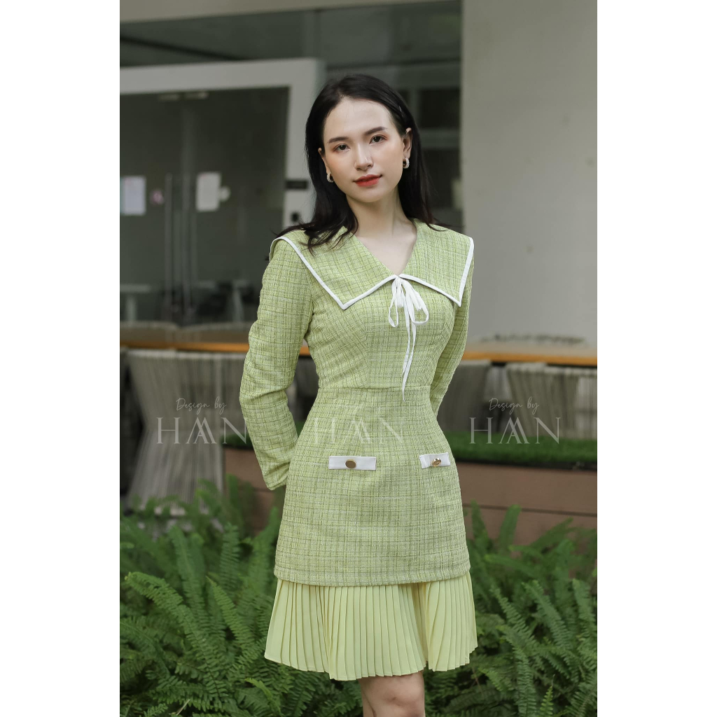 Váy dạ dài tay HAAN DESIGN thiết kếcổ cách điệu chân váy xếp ly, chất liệu dạ tweed cao cấp 2 màu xanh đỏ (VAY09)