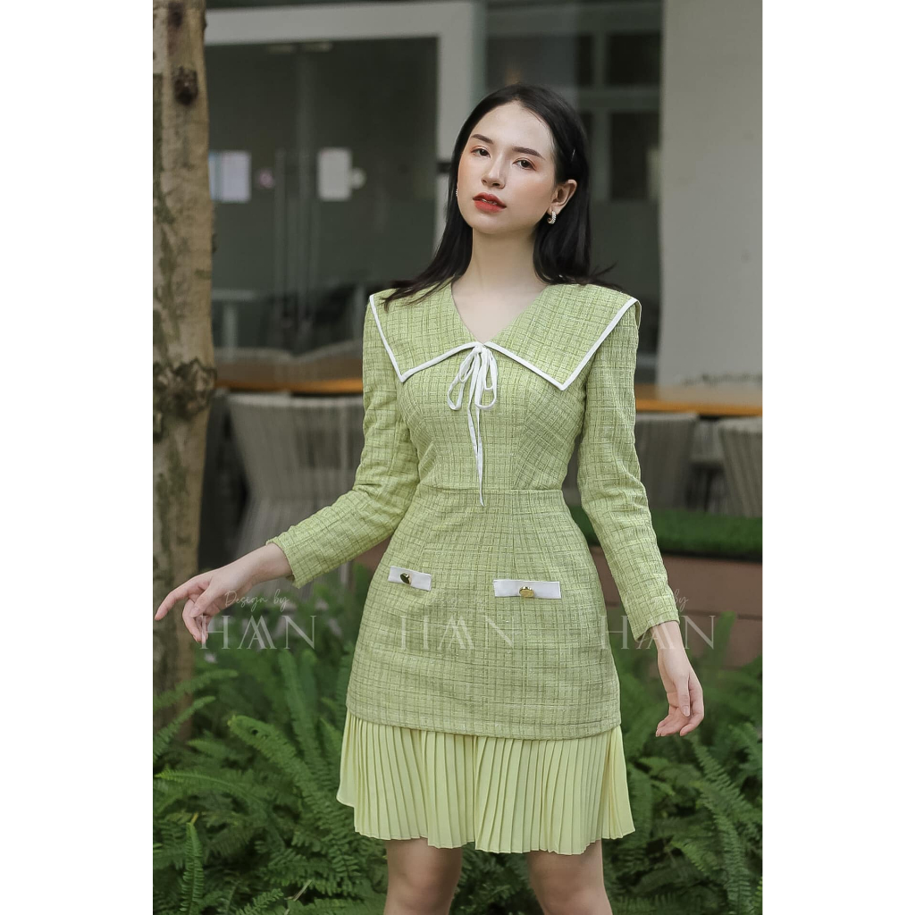 Váy dạ dài tay HAAN DESIGN thiết kếcổ cách điệu chân váy xếp ly, chất liệu dạ tweed cao cấp 2 màu xanh đỏ (VAY09)