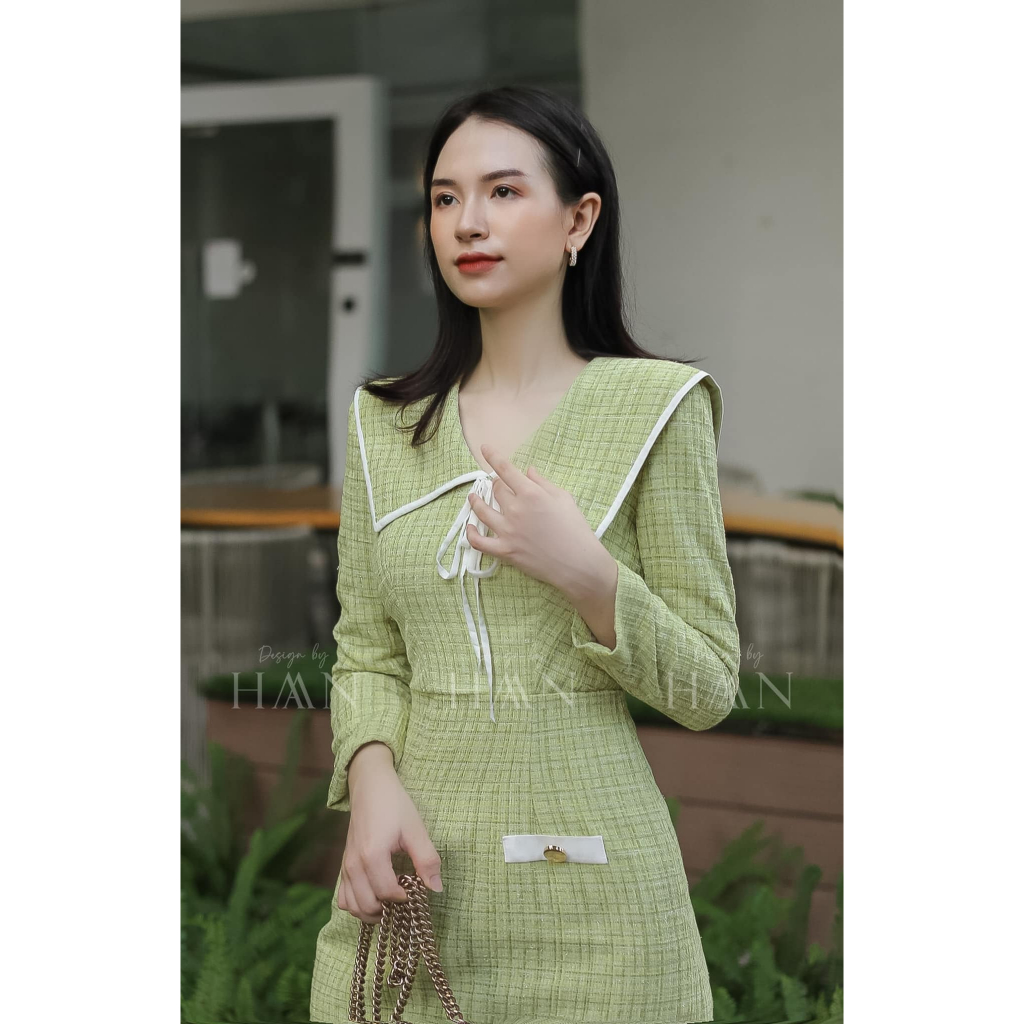 Váy dạ dài tay HAAN DESIGN thiết kếcổ cách điệu chân váy xếp ly, chất liệu dạ tweed cao cấp 2 màu xanh đỏ (VAY09)