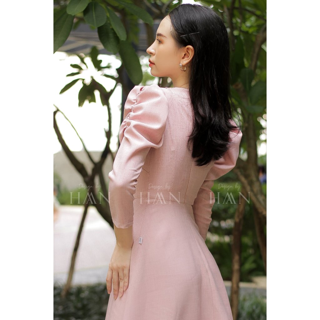 Váy công sở dài tay dáng dài HAAN DESIGN nơ cổ dáng xòe chất liệu đũi 2 lớp mềm mại không nhăn ( V12)