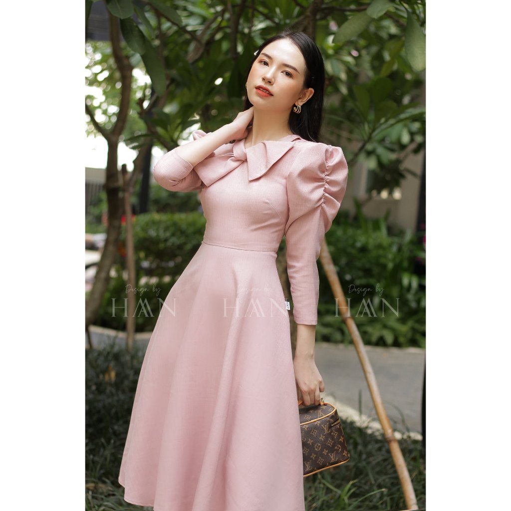 Váy công sở dài tay dáng dài HAAN DESIGN nơ cổ dáng xòe chất liệu đũi 2 lớp mềm mại không nhăn ( V12)