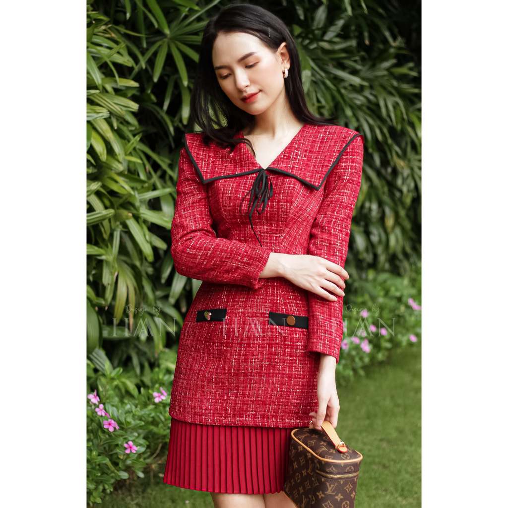 Váy dạ dài tay HAAN DESIGN thiết kếcổ cách điệu chân váy xếp ly, chất liệu dạ tweed cao cấp 2 màu xanh đỏ (VAY09)