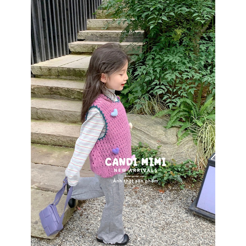 CANDIMIMI Áo Gile Len Cổ Tròn Đính Quả Bông Trái Tim Dễ Thương Cho Bé Gái -  Sợi Tự Nhiên Cao Cấp, Dày Dặn, Mềm Mại