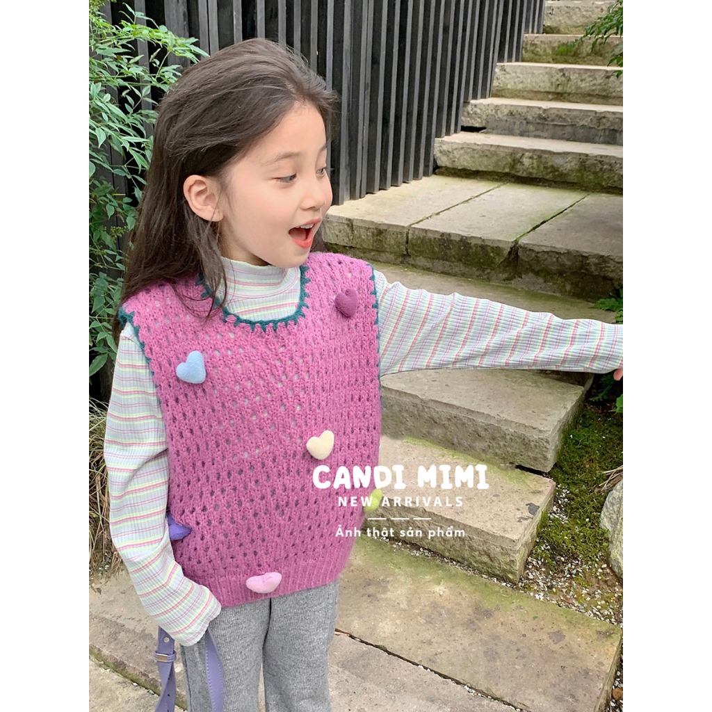 CANDIMIMI Áo Gile Len Cổ Tròn Đính Quả Bông Trái Tim Dễ Thương Cho Bé Gái -  Sợi Tự Nhiên Cao Cấp, Dày Dặn, Mềm Mại