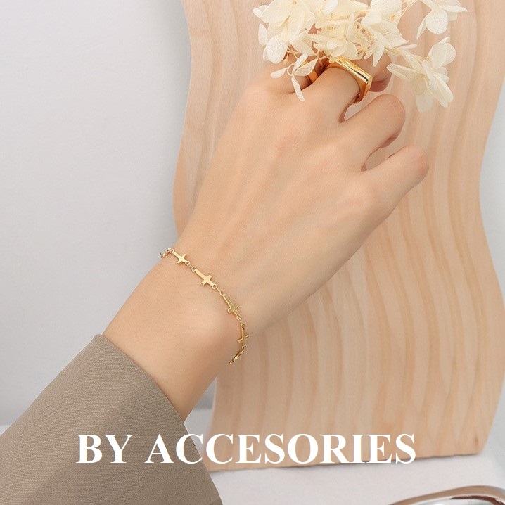 Lắc tay nữ unisex titan chuỗi chữ thập thánh giá nhỏ nối liền mạ vàng 18K không gỉ