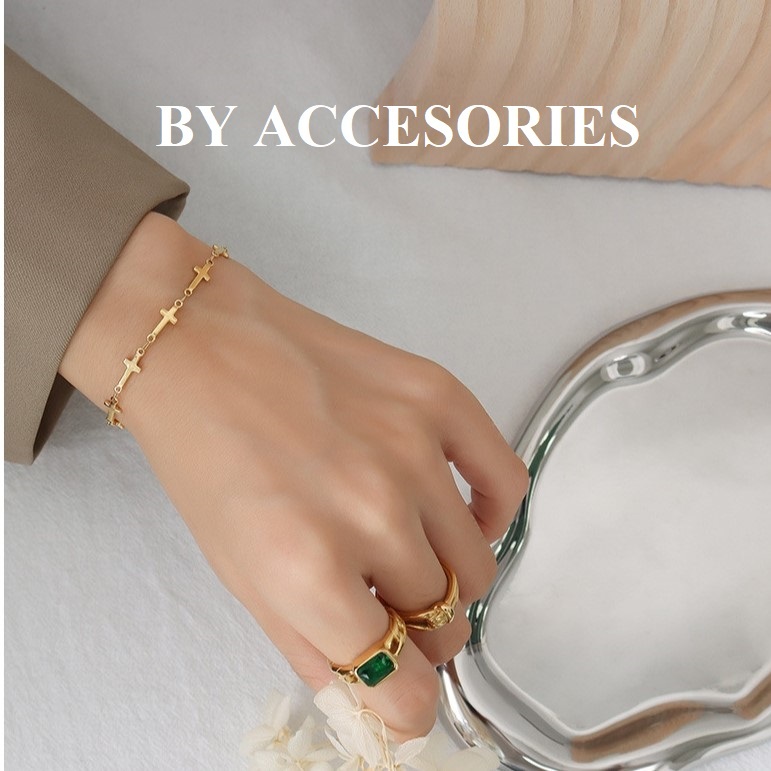 Lắc tay nữ unisex titan chuỗi chữ thập thánh giá nhỏ nối liền mạ vàng 18K không gỉ