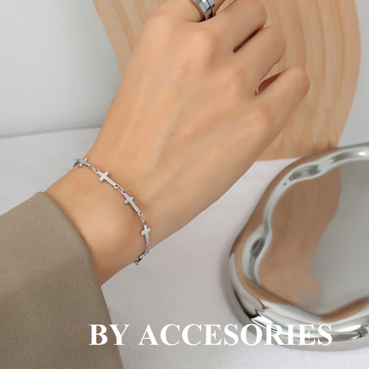 Lắc tay nữ unisex titan chuỗi chữ thập thánh giá nhỏ nối liền mạ vàng 18K không gỉ