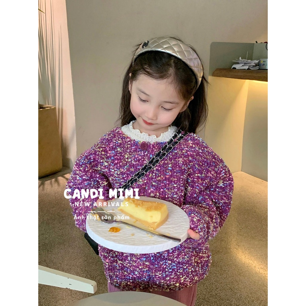 CANDIMIMI Áo Khoác Len Cardigan Chấm Màu Phong Cách Tiểu Thư Cho Bé Gái - Sợi Tự Nhiên Cao Cấp, Dày Dặn, Mềm Mại