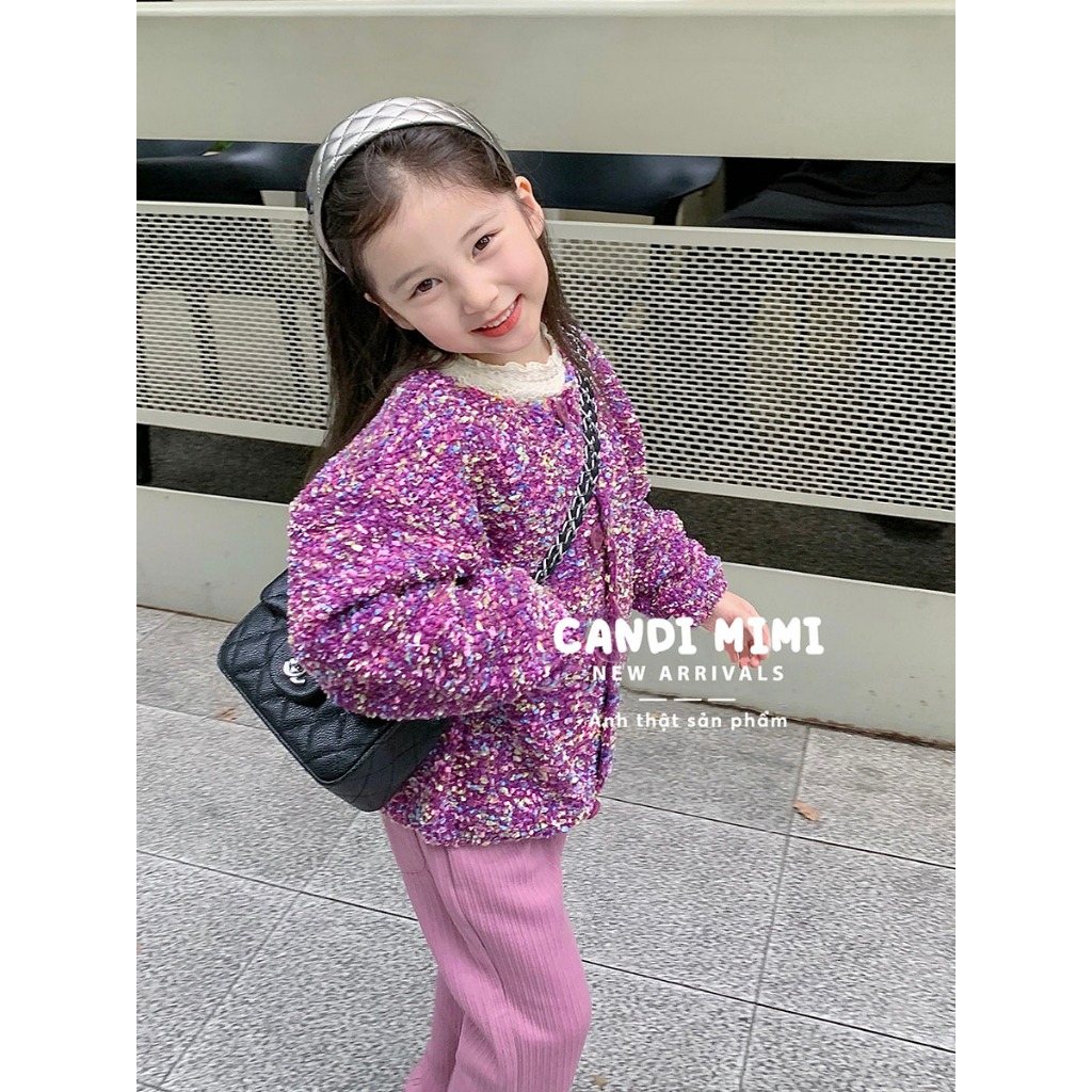 CANDIMIMI Áo Khoác Len Cardigan Chấm Màu Phong Cách Tiểu Thư Cho Bé Gái - Sợi Tự Nhiên Cao Cấp, Dày Dặn, Mềm Mại