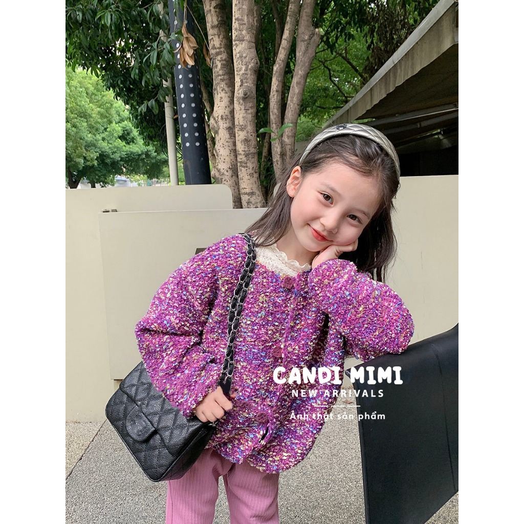 CANDIMIMI Áo Khoác Len Cardigan Chấm Màu Phong Cách Tiểu Thư Cho Bé Gái - Sợi Tự Nhiên Cao Cấp, Dày Dặn, Mềm Mại
