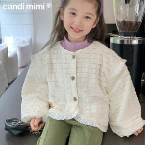 CANDIMIMI Áo Khoác Len Cardigan Xếp Tầng Bèo Phong Cách Tiểu Thư Cho Bé Gái - Sợi Tự Nhiên Cao Cấp, Dày Dặn, Mềm Mại