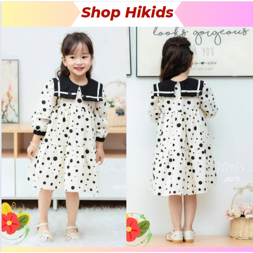 Váy Bé Gái Dài Tay 1-10 Tuổi 10-40kg, Váy Mùa Thu Đông Thủy Thủ, Tay Bo, Chấm Bi, Nhung Text June With Love