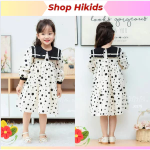 Váy Bé Gái Dài Tay 1-10 Tuổi 10-40kg, Váy Mùa Thu Đông Thủy Thủ, Tay Bo, Chấm Bi, Nhung Text June With Love
