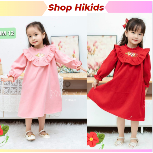 Váy Thu Đông Cao Cấp Thêu Hoa Cho Bé Gái 1-10 Tuổi Nhung Tăm Váy Bé Gái Dài Tay Màu Hồng, Màu đỏ Baby Doll Dáng A
