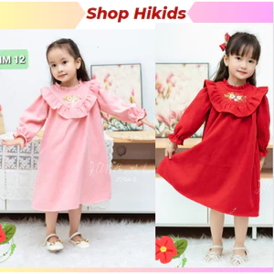 Váy Thu Đông Cao Cấp Thêu Hoa Cho Bé Gái 1-10 Tuổi Nhung Tăm Váy Bé Gái Dài Tay Màu Hồng, Màu đỏ Baby Doll Dáng A