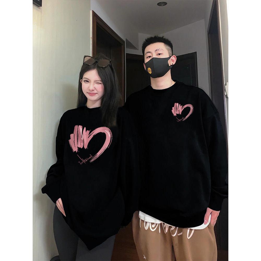 Áo sweater cặp đôi HappyFamily  - Mẫu áo in họa tiết trái tim  chất nỉ da cá cao cấp Màu Đen