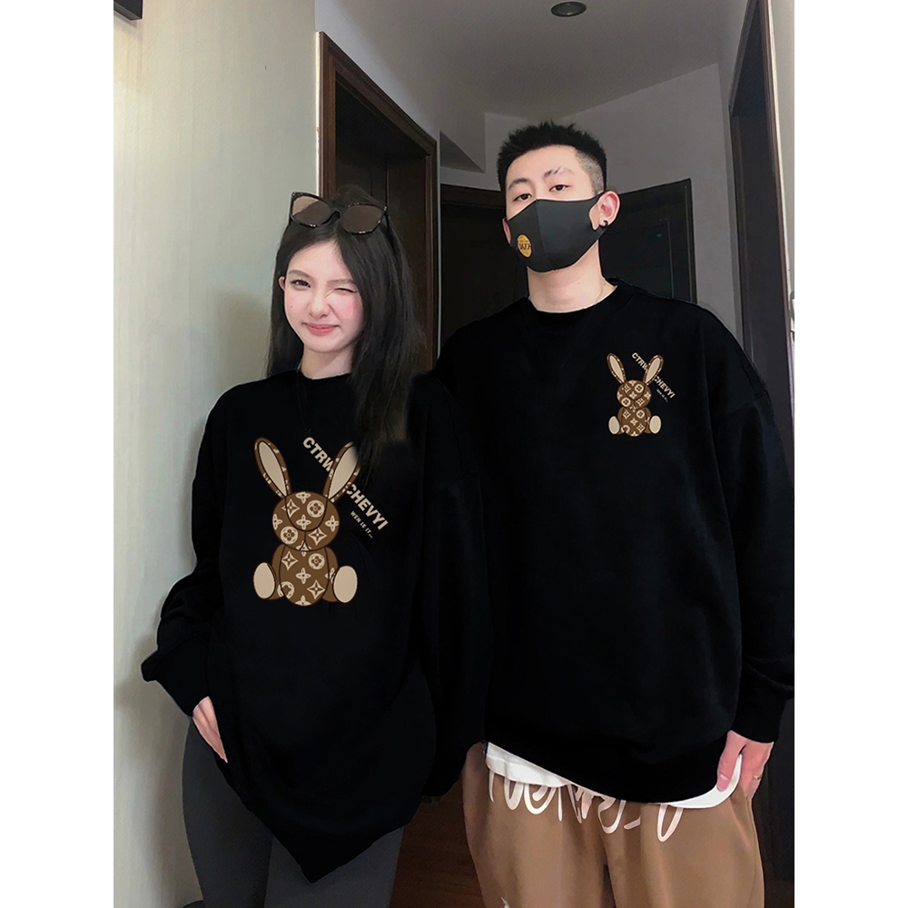 Áo sweater cặp đôi HappyFamily  - Mẫu áo in họa tiết thỏ đáng yêu chất nỉ da cá cao cấp Màu Đen
