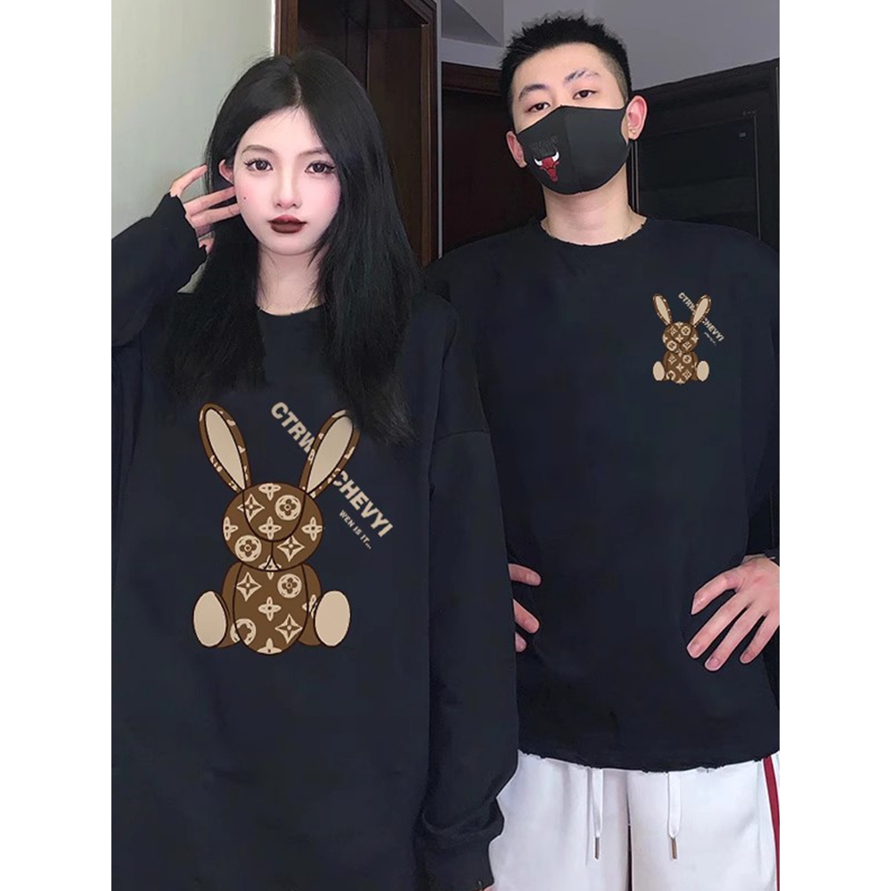 Áo sweater cặp đôi HappyFamily  - Mẫu áo in họa tiết thỏ đáng yêu chất nỉ da cá cao cấp Màu Đen