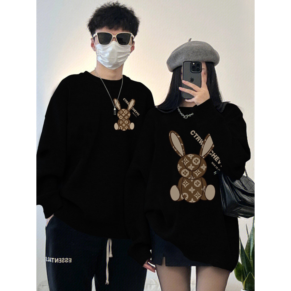 Áo sweater cặp đôi HappyFamily  - Mẫu áo in họa tiết thỏ đáng yêu chất nỉ da cá cao cấp Màu Đen