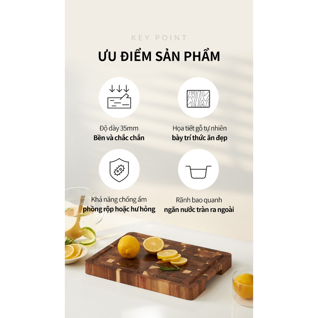 Thớt gỗ tràm LocknLock Acacia wooden cutting board CKD076 , màu gỗ tự nhiên 35x25x3,5cm 1.9kg K-MALL