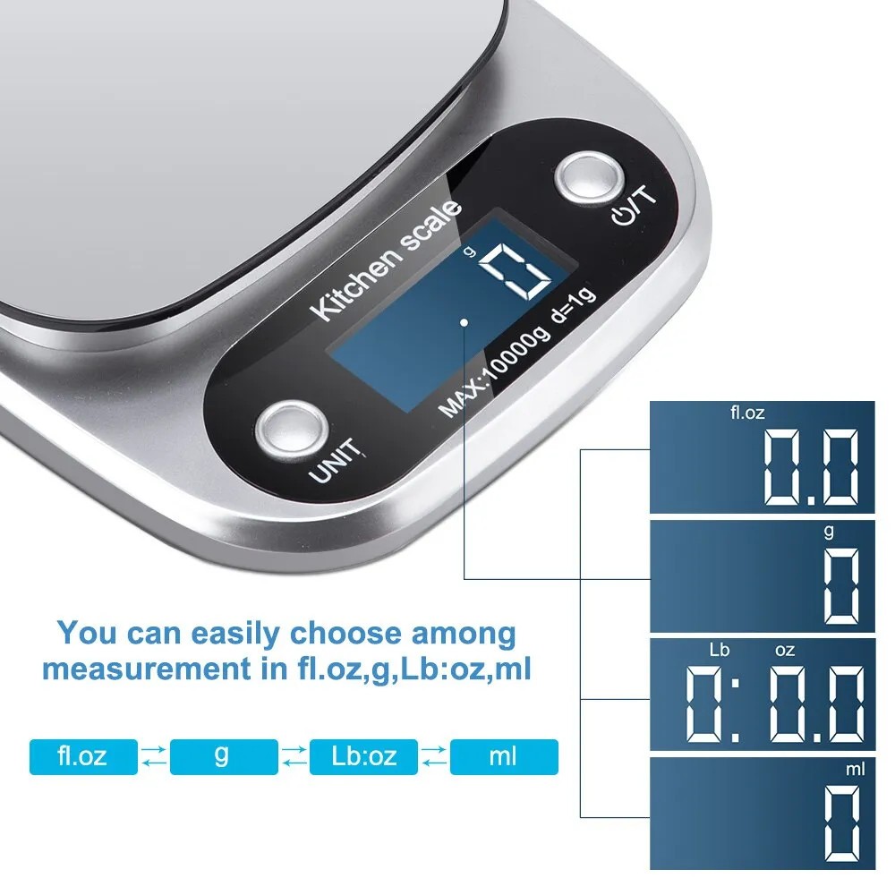 Cân điện tử nhà bếp 3kg-10kg cảm ứng LCD thiết kế sang trọng tích hợp tính năng trừ bì, độ chính xác cao